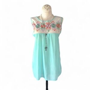 Vintage 60s Mod Babydoll Nightie Pastel Blue Embroidered Floral Mini Slip S